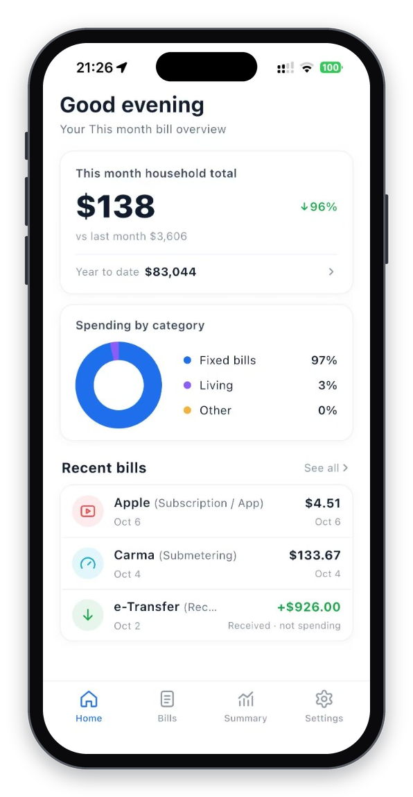 Home page with monthly total and upcoming charges