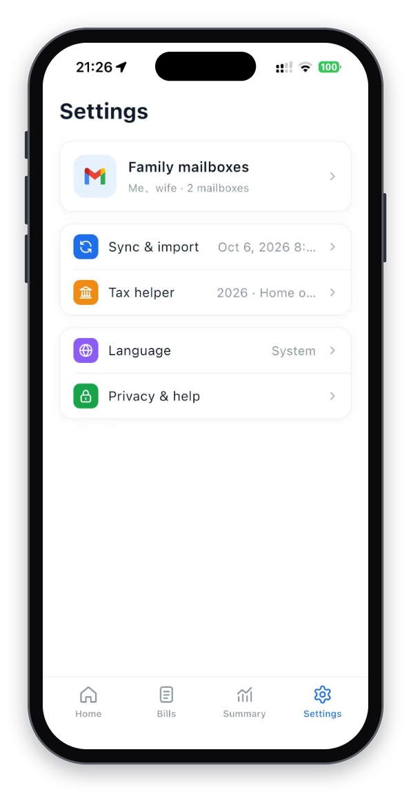 Settings with family mailboxes, sync and language